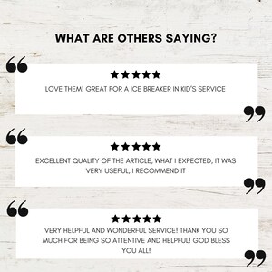 May include: Three customer reviews with five-star ratings and quotes about the product or service. The first review says "LOVE THEM! GREAT FOR A ICE BREAKER IN KID'S SERVICE". The second review says "EXCELLENT QUALITY OF THE ARTICLE, WHAT I EXPECTED, IT WAS VERY USEFUL, I RECOMMEND IT". The third review says "VERY HELPFUL AND WONDERFUL SERVICE! THANK YOU SO MUCH FOR BEING SO ATTENTIVE AND HELPFUL! GOD BLESS YOU ALL!"