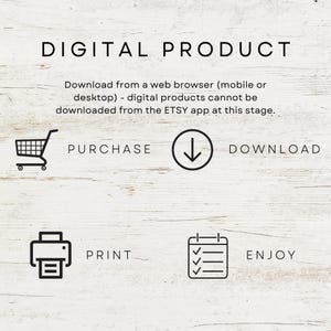 K&ouml;nnte beinhalten: Wei&szlig;er Hintergrund mit dem Text "DIGITAL PRODUCT" in schwarzer Schrift. Anweisungen zum Herunterladen digitaler Produkte von einem Webbrowser werden bereitgestellt. Symbole f&uuml;r Kauf, Download, Druck und Genuss sind ebenfalls enthalten.