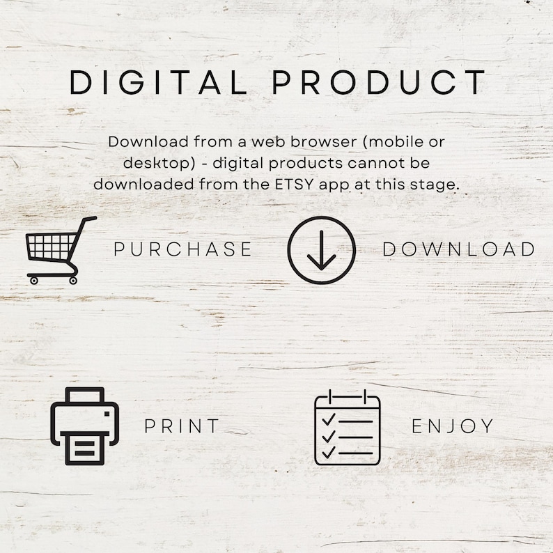 K&ouml;nnte beinhalten: Wei&szlig;er Hintergrund mit dem Text "DIGITAL PRODUCT" in schwarzer Schrift. Anweisungen zum Herunterladen digitaler Produkte von einem Webbrowser werden bereitgestellt. Symbole f&uuml;r Kauf, Download, Druck und Genuss sind ebenfalls enthalten.