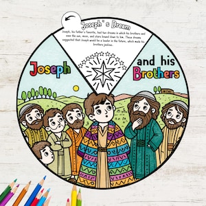 Ruota da colorare di Giuseppe e i suoi fratelli / Attività di storie bibliche per bambini / Artigianato della scuola domenicale cristiana / Lezione biblica stampabile, Bibbia per bambini