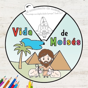 Historia de Moisés Rueda para colorear ESPAÑOL, Rueda para colorear de la Biblia, Actividad bíblica imprimible, Spinner para niños, Lección bíblica para niños, Escuela dominical