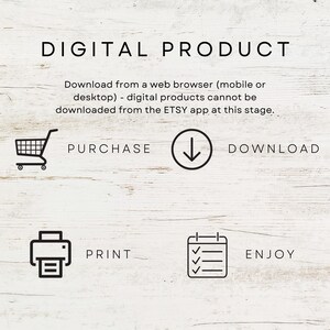 May include: A digital product download guide with a shopping cart, a downward arrow, a printer, and a checklist. The text reads "DIGITAL PRODUCT", "PURCHASE", "DOWNLOAD", "PRINT", and "ENJOY".