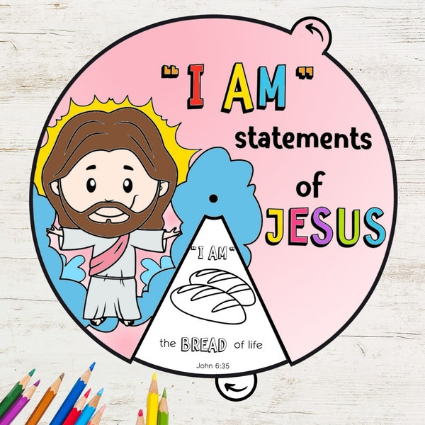 I Am Statements of Jesus Coloring Wheel | Printable Bible Activity | Watercolor | Kids Bible Lesson | Memory Game | Sunday School