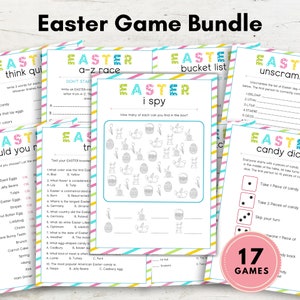 May include: A printable Easter game bundle with 17 different games. The games include a-z race, bucket list, i spy, unscramble, think quick, would you rather, trivia, and candy dice. The games are designed for kids and adults to play during the Easter holiday.