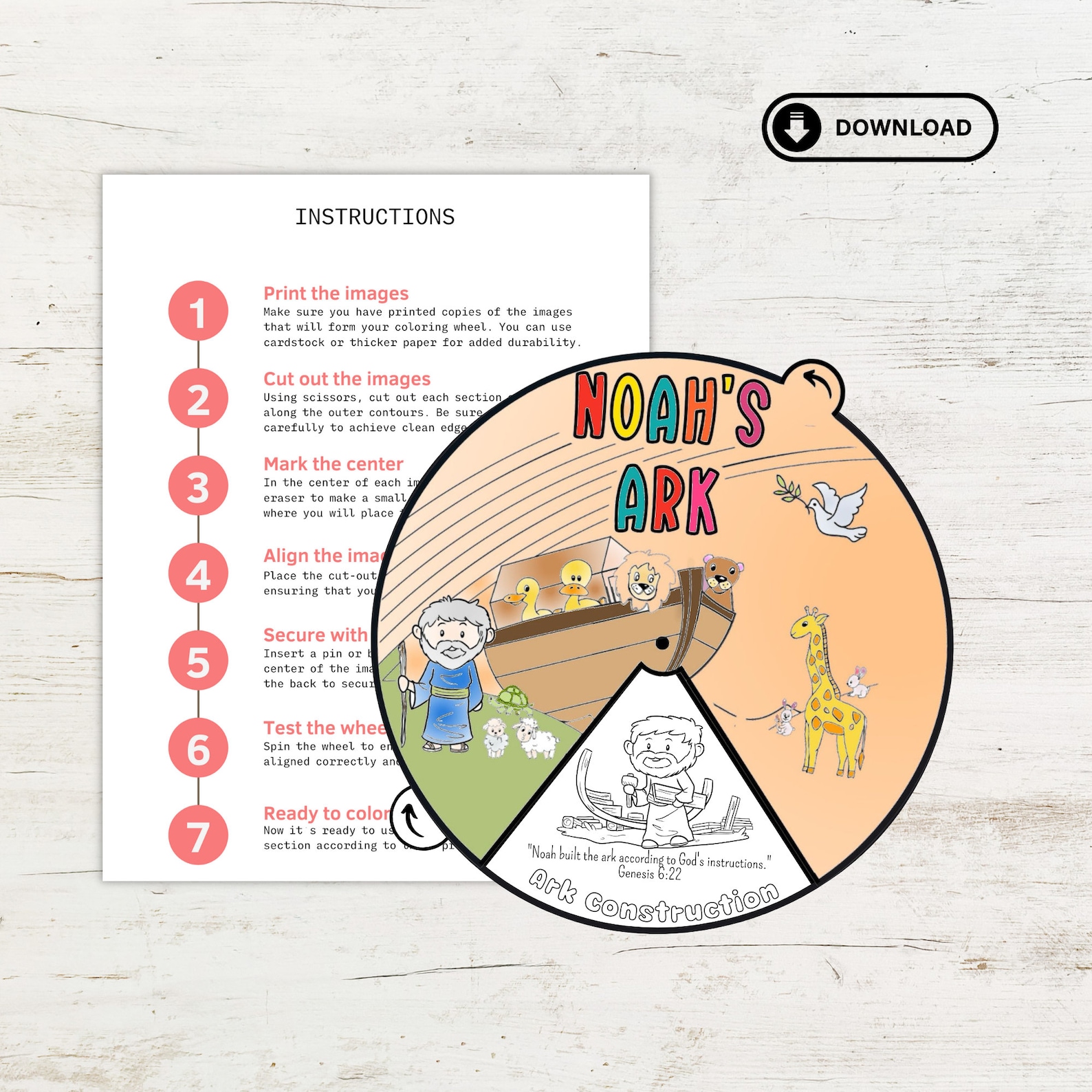 Noahs Ark Coloring Wheel Bible Story Activities Printable Bible Activity Kids Bible Lesson ...