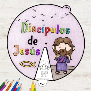 Roue à colorier des disciples de Jésus EN ESPAGNOL, roue à colorier de Jésus, activité biblique à imprimer, aquarelle, leçon biblique pour enfants, école du dimanche