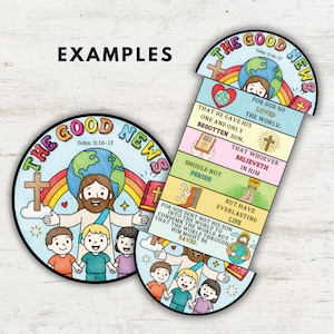 May include: Two colorful, illustrated Bible-themed educational tools. One is round, the other is a bookmark shape. Both feature the text "The Good News" and "John 3:16-17", with images of Jesus, children, and Bible verses.