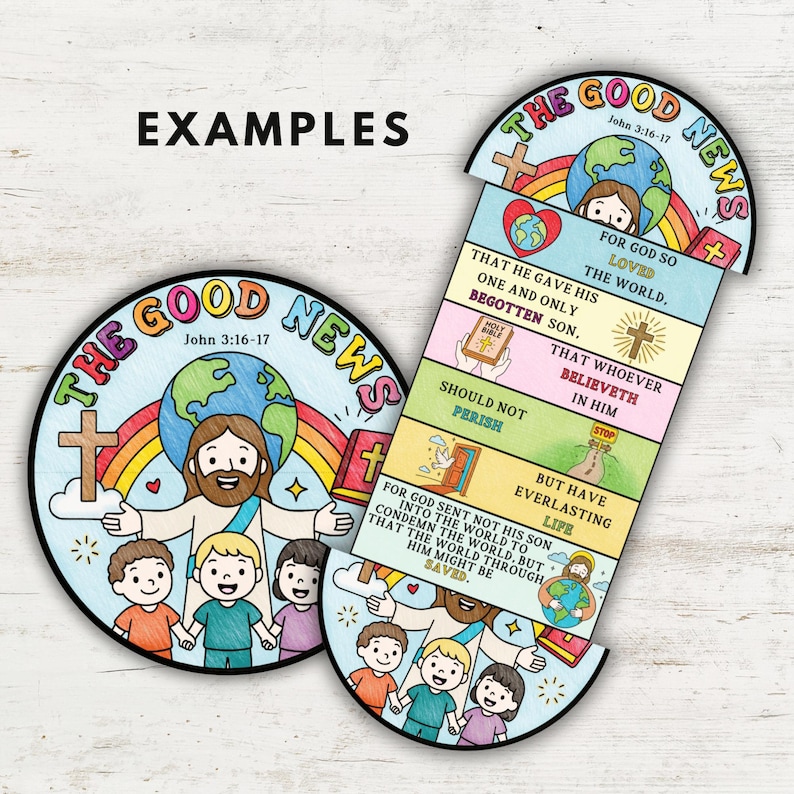 May include: Two colorful, illustrated Bible-themed educational tools. One is round, the other is a bookmark shape. Both feature the text "The Good News" and "John 3:16-17", with images of Jesus, children, and Bible verses.