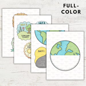 K&ouml;nnte beinhalten: Ein Stapel illustrierter Lernkarten. Die Karten zeigen Bilder der Erde, der Sonne, Pflanzen und Text, darunter "Tag 1", "Tag 3" und "Tag 5". Die Worte "Full-Color" sind oben in Schwarz gedruckt.
