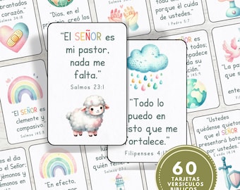Puede incluir: Un conjunto de 60 tarjetas con versículos bíblicos. Cada tarjeta presenta ilustraciones en acuarela de arcoíris, ovejas y nubes, con citas inspiradoras en español. Perfectas para la reflexión espiritual y el ánimo.