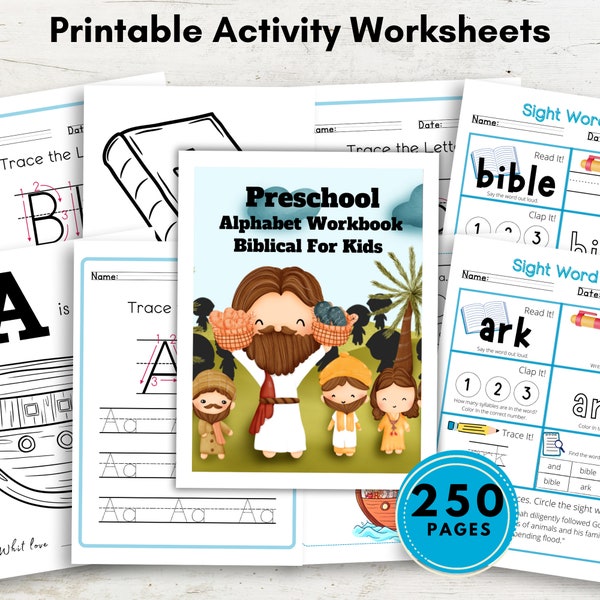 Preschool Alphabet Workbook  | Preschool Learning | Printable Activity Worksheets | Coloring | Dot To Dot | Tracing | Alphabet | Bible | Kid