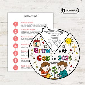 K&ouml;nnte beinhalten: Ein Malrad mit dem Text "Grow with God in 2026" und Anweisungen. Das Rad zeigt Illustrationen eines Kalenders, einer Sanduhr, einer Sonne, eines Kreuzes und Kinder, die einen Baum pflanzen. Der Text "Trust God's Timing" ist ebenfalls vorhanden.