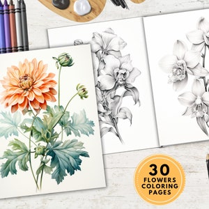 30 Printable Flower Coloring Pages, Coloring Book, Adults + Kids, PDF Coloring, Instant Download