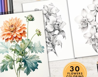 30 Blumen Malseiten, Malbuch, Malbuch, Erwachsene + Kinder, PDF zum Ausmalen, Sofort Download