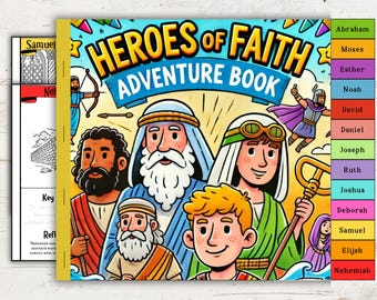 May include: A colorful illustrated book cover with the title "Heroes of Faith Adventure Book". The cover features cartoon illustrations of biblical figures, including Abraham, Moses, Esther, Noah, David, Daniel, Joseph, Ruth, Joshua, Deborah, Samuel, Elijah, and Nehemiah.