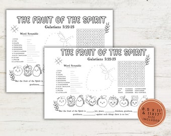 Puede incluir: Dos hojas de actividades imprimibles en blanco y negro con el texto "THE FRUIT OF THE SPIRIT" y "Galatians 5:22-23". Una hoja incluye un juego de palabras y la otra un rompecabezas de puntos. Las hojas miden 21,6 x 27,9 cm y 27,9 x 43,2 cm.