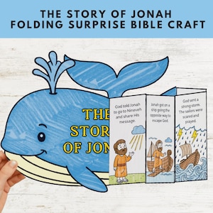Jonah and the Whale Craft, Bible Story Activity for Kids, Sunday School Printable, Folding Surprise Bible Craft, Christian Coloring Pages