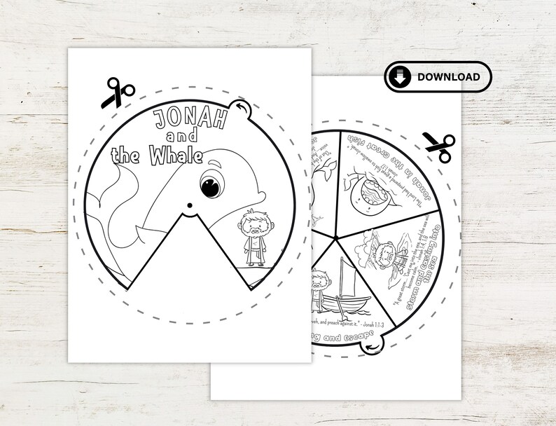 May include: Black and white printable coloring page featuring Jonah and the whale. The page is divided into six sections, each with a different scene from the story of Jonah. The text "Jonah and the Whale" is at the top of the page.
