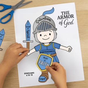 Op de afbeelding: Een cartoon illustratie van een ridder met de tekst "De wapenrusting van God". De ridder draagt blauw harnas en houdt een zwaard en een schild vast. De tekst op het schild luidt "Schild van Geloof". De tekst "Efezi&euml;rs 6:10-18" is ook aanwezig.