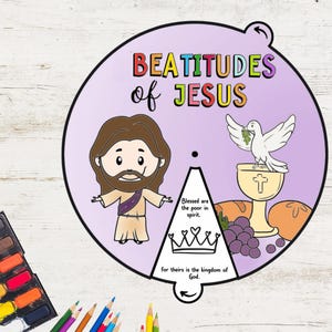 Rueda para colorear de las Bienaventuranzas / Actividades con historias bíblicas / Actividad imprimible / Lección bíblica para niños / Lección bíblica para niños / Escuela dominical