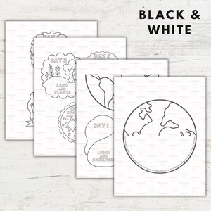 K&ouml;nnte beinhalten: Ein Stapel schwarz-wei&szlig;er Malvorlagen mit lehrreichen Illustrationen. Die Seiten zeigen Zeichnungen der Erde, Pflanzen und der Sonne, mit Texten wie "Tag 1: Licht und Dunkelheit" und "Tag 3: Land und Pflanzen". Der Text "Black & White" steht oben.