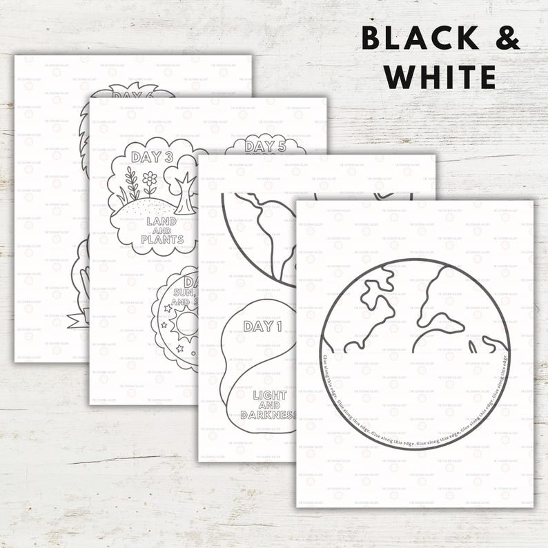 K&ouml;nnte beinhalten: Ein Stapel schwarz-wei&szlig;er Malvorlagen mit lehrreichen Illustrationen. Die Seiten zeigen Zeichnungen der Erde, Pflanzen und der Sonne, mit Texten wie "Tag 1: Licht und Dunkelheit" und "Tag 3: Land und Pflanzen". Der Text "Black & White" steht oben.