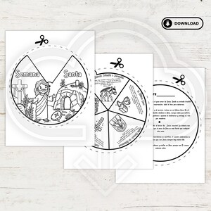 May include: Black and white printable coloring page with a wheel divided into five sections. Each section has a different image related to the story of Jesus's last week. The wheel is labeled "Semana Santa" which means Holy Week in Spanish. The page also includes a section with text about the story of Jesus's last week.