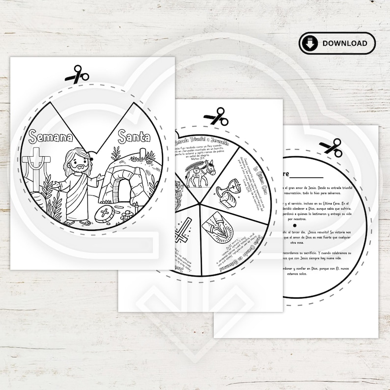 May include: Black and white printable coloring page with a wheel divided into five sections. Each section has a different image related to the story of Jesus's last week. The wheel is labeled "Semana Santa" which means Holy Week in Spanish. The page also includes a section with text about the story of Jesus's last week.