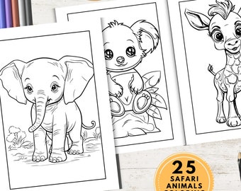 Printable Safari Animals Coloring Pages for Kids, 25 Coloring Pages for Toddler, Coloring Sheets Book, Coloring Book