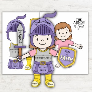 Op de afbeelding: Een kleurrijke illustratie toont een kind in harnas met religieuze termen. Het kind houdt een zwaard en schild vast met de woorden "Zwaard van de Geest" en "Schild van Geloof". De tekst "De wapenrusting van God" is ook zichtbaar. Witte achtergrond.