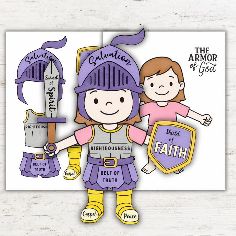 Op de afbeelding: Een kleurrijke illustratie toont een kind in harnas met religieuze termen. Het kind houdt een zwaard en schild vast met de woorden "Zwaard van de Geest" en "Schild van Geloof". De tekst "De wapenrusting van God" is ook zichtbaar. Witte achtergrond.