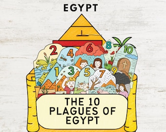 May include: A colorful illustration titled "The 10 Plagues of Egypt." The image features a pyramid, various scenes with numbers 1-10, and the text "The 10 Plagues of Egypt." The artwork depicts frogs, insects, and other elements related to the biblical story.