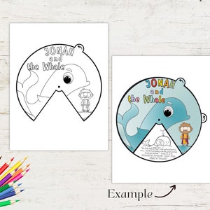 May include: A printable coloring page featuring Jonah and the whale. The page is divided into two sections, one with a whale and the other with Jonah. The whale is blue and has a large eye. Jonah is wearing a brown robe and has a beard. The text "Jonah and the Whale" is written at the top of the page.