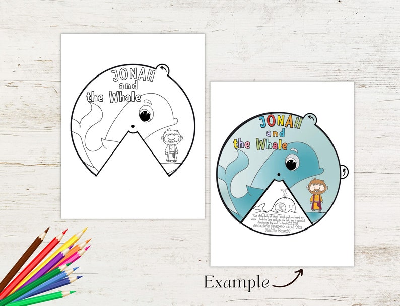 May include: A printable coloring page featuring Jonah and the whale. The page is divided into two sections, one with a whale and the other with Jonah. The whale is blue and has a large eye. Jonah is wearing a brown robe and has a beard. The text "Jonah and the Whale" is written at the top of the page.