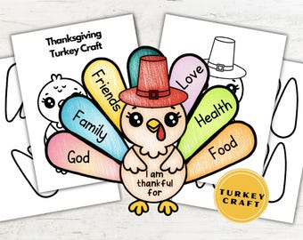 May include: A printable Thanksgiving turkey craft for kids. The turkey has a red head and a colorful tail with words like "Love", "Family", "Friends", "Health", "Food", and "God". The text at the bottom says "I am thankful for".