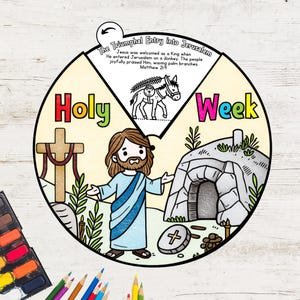 May include: A colorful illustration of the Holy Week, featuring Jesus riding a donkey, a cross, and a tomb. The text "Holy Week" is written in a colorful font.