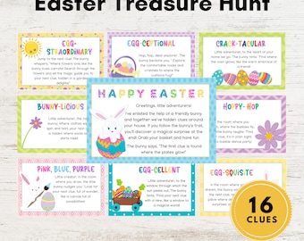 May include: A set of 16 colorful Easter egg hunt clue cards with bunny illustrations and text. The cards are printed on white cardstock and feature a variety of Easter themes, such as "Egg-straordinary", "Bunny-licious", "Egg-ceptional", "Crack-tacular", "Hoppy-Hop", "Egg-cellent", and "Egg-squiste".