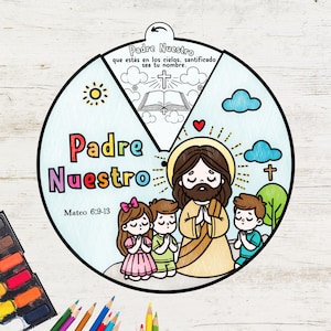 Het Onzevader-kleurwiel IN HET SPAANS | Afdrukbare bijbelactiviteit | Aquarel | Bijbelles voor kinderen | Zondagsschoolbijbelactiviteit