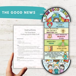 May include: A colorful folding surprise Bible craft with the text "THE GOOD NEWS" and instructions. The craft features Bible verses and illustrations, including a globe, cross, and children. The craft is designed for coloring and folding.
