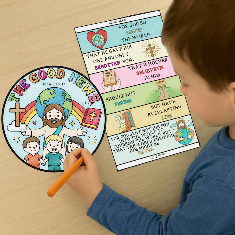 May include: A child coloring a religious craft project. The project includes a circular image with the text "The Good News" and a Bible verse, along with a separate sheet with Bible verses and illustrations.