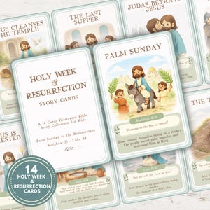 Op de afbeelding: Een set geïllustreerde Bijbelverhaalkaarten voor kinderen, met scènes uit de Goede Week en de Opstanding. De kaarten tonen Palmzondag, Jezus die de tempel reinigt en het Laatste Avondmaal. De set bevat 14 kaarten.