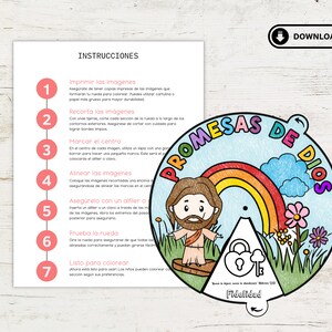 Op de afbeelding: Een kleurrijk, printbaar wiel met een regenboog, wolken, bloemen en een slot met een sleutel. Het wiel is gelabeld "Beloften van God" en heeft het woord "Fidelidad" onderaan. Instructies voor het in elkaar zetten van het wiel zijn inbegrepen.