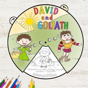 Ruota da colorare di Davide e Golia, attività biblica stampabile, acquerello, lezione biblica per bambini, gioco di memoria, scuola domenicale