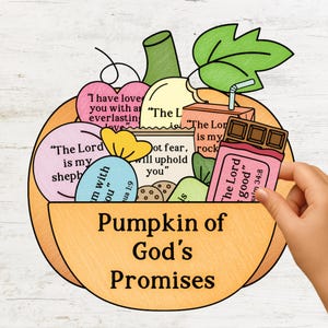 May include: A colorful illustration of a pumpkin filled with various items, including a chocolate bar, a juice box, and several speech bubbles with Bible verses. The text "Pumpkin of God's Promises" is at the bottom.