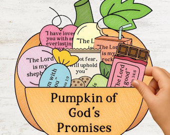 May include: A colourful illustration of a pumpkin filled with various items, including a chocolate bar, a juice box, and several speech bubbles with Bible verses. The text "Pumpkin of God's Promises" is at the bottom.