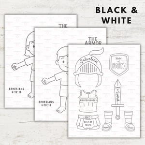 Op de afbeelding: Zwart-wit illustraties van kinderen en pantseronderdelen. De tekst bevat "BLACK & WHITE", "THE ARMOR", "EPHESIANS 6:10-18" en woorden als "Salvation", "Shield of Faith", "Righteousness", "Belt of Truth", "Sword of Spirit", "Gospel" en "Peace".