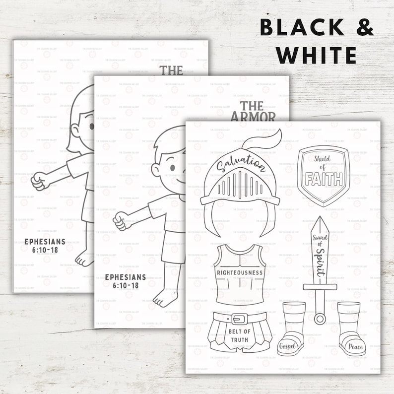 Op de afbeelding: Zwart-wit illustraties van kinderen en pantseronderdelen. De tekst bevat "BLACK & WHITE", "THE ARMOR", "EPHESIANS 6:10-18" en woorden als "Salvation", "Shield of Faith", "Righteousness", "Belt of Truth", "Sword of Spirit", "Gospel" en "Peace".