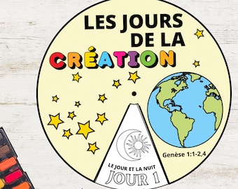 Ruota da colorare dei giorni della creazione IN FRANCESE / Ruota delle storie della Bibbia / Lezione biblica per bambini / Attività biblica stampabile / Lavoretto per la scuola domenicale