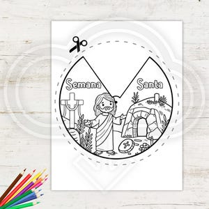 May include: Black and white coloring page featuring a scene from the Holy Week. The image depicts Jesus standing between a cross and a tomb. The text "Semana Santa" is written above the cross and "Santa" is written above the tomb.