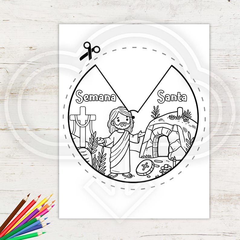 May include: Black and white coloring page featuring a scene from the Holy Week. The image depicts Jesus standing between a cross and a tomb. The text "Semana Santa" is written above the cross and "Santa" is written above the tomb.